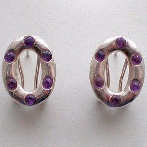 Designer Signed Sterling Silver 925 Amethyst Pierced Earrings Omega Back